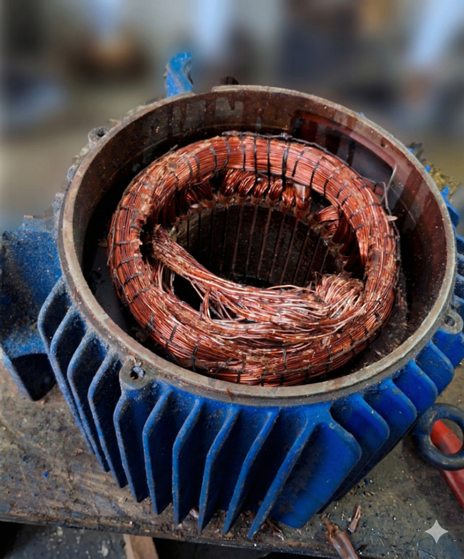 Motor elétrico desmontado para avaliação técnica