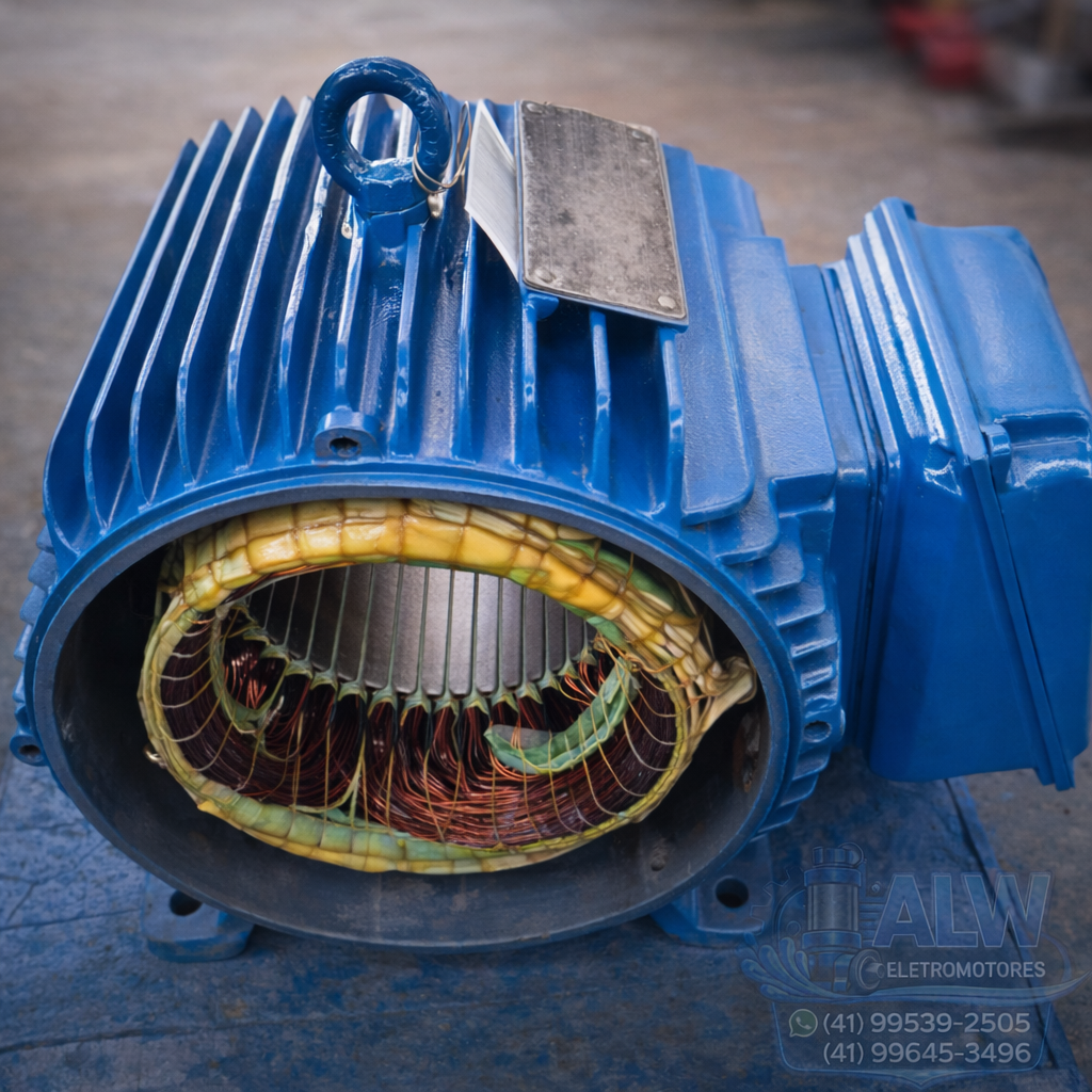 Motor elétrico durante processo de reparo e rebobinamento