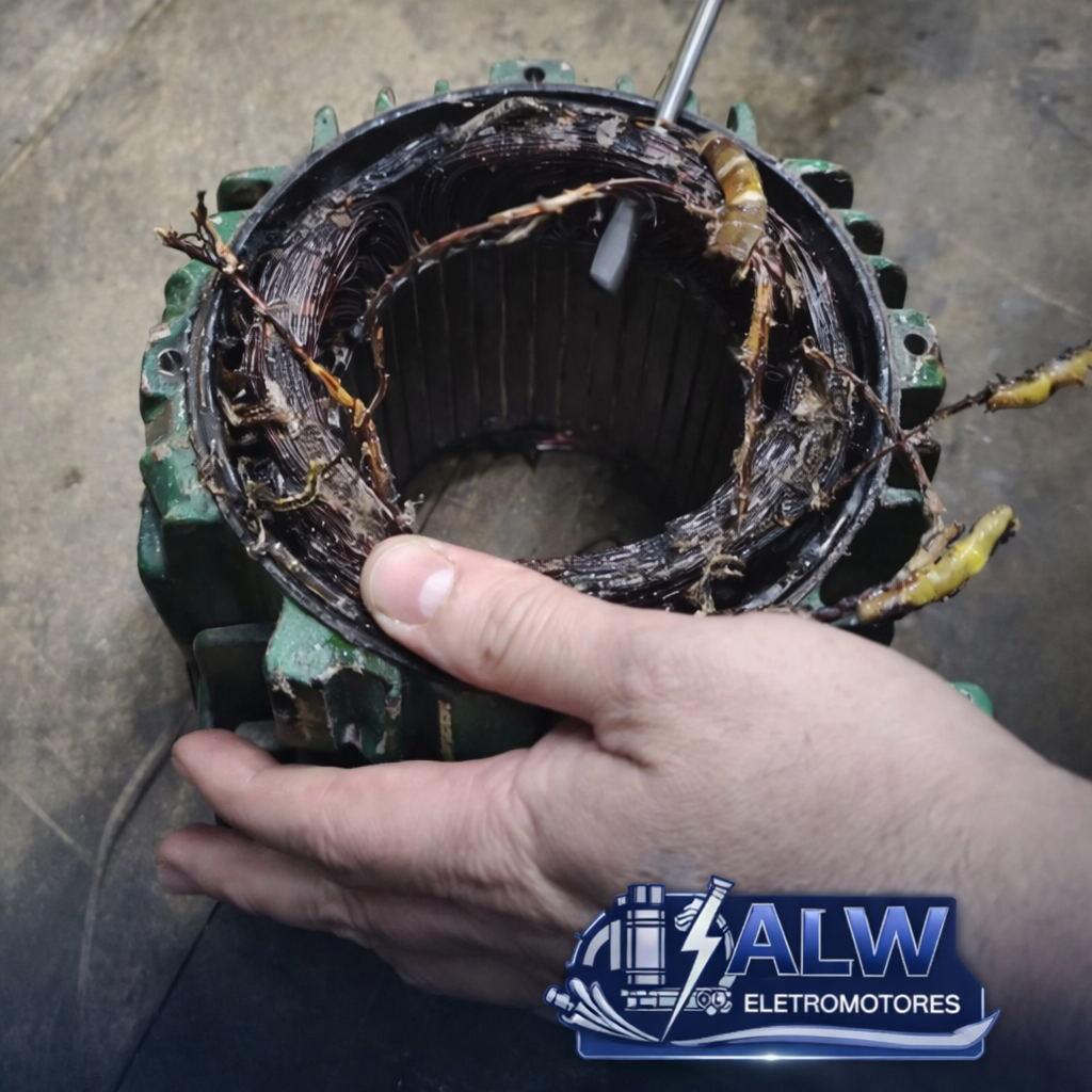 Motor elétrico queimado com defeito antes do reparo